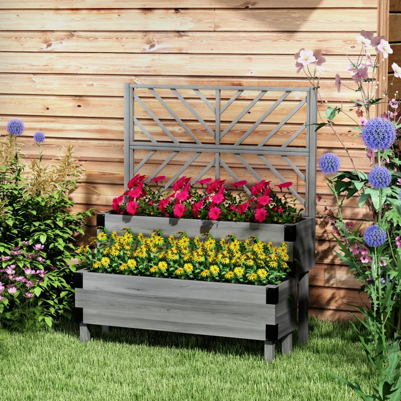 Outsunny Raised Garden Bed with Trellis, 2-Tier Wooden Elevated Planter Box  for Vegetables, Flowers, Herbs, Grey
