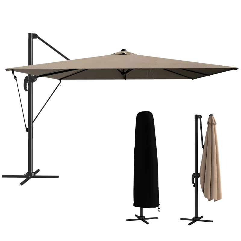 Outsunny Parasol Excéntrico 2,9x2,9 m de Aluminio con Manivela Inclinación Ajustable Giratorio 360° Base Cruzada y Funda Caqui