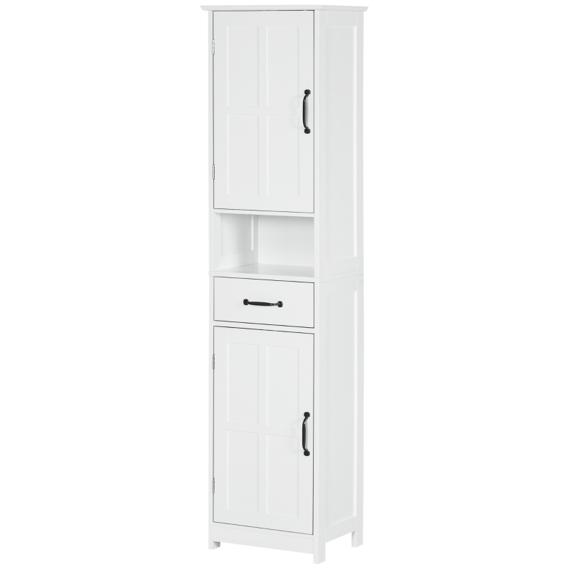 kleankin Mobile Colonna Bagno in Legno con Mensola Aperta, Cassetto e 2 Armadietti, 40x30x164 cm, Bianco