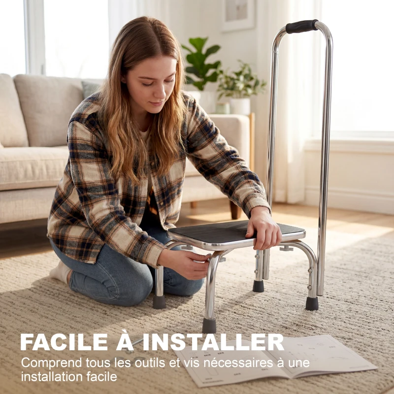 HOMCOM Marche avec Barre d'appui - marchepied de sécurité - Marche d'accès au Bain - Plateforme & Patins antidérapants - Acier galvanisé