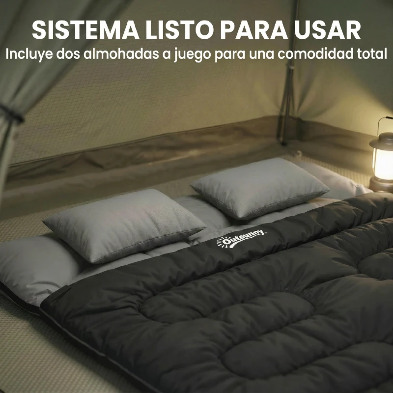 Outsunny Saco de Dormir Doble para Adultos Tamaño Queen para 2 Personas con 2 Almohadas y Bolsa Transporte Negro