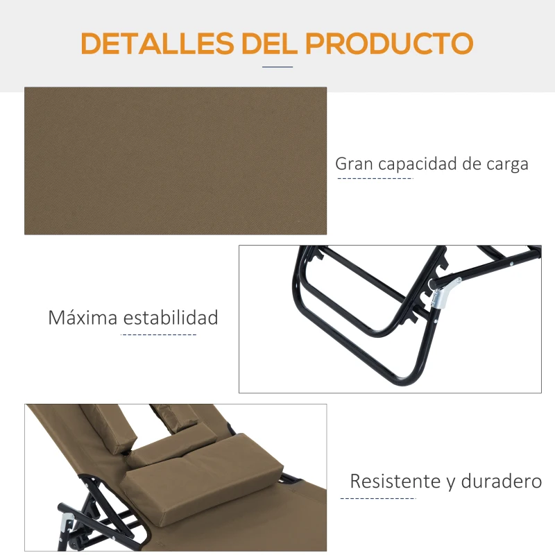 Outsunny Tumbona Plegable con Respaldo Regulable 4 Posiciones con Orificio de Lectura Almohada Tela Oxford 190x56x28 cm Marrón