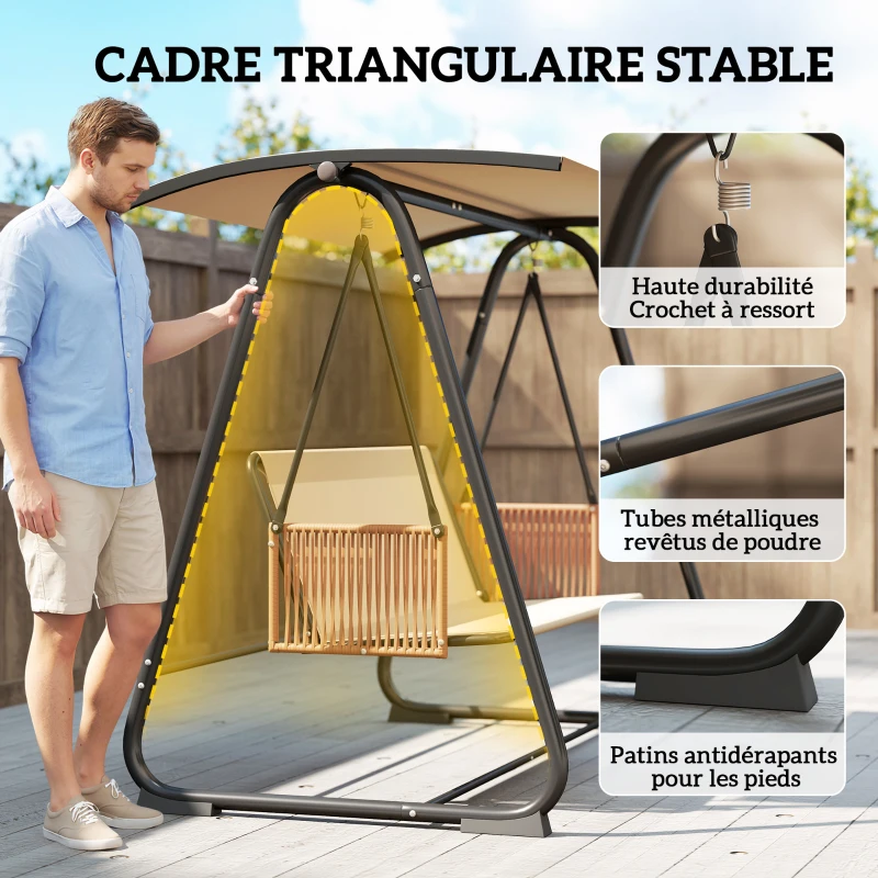 Outsunny Balancelle de Jardin Banc Suspendu Extérieur 3 Places Structure Acier Robuste 360kg Coussin Grand Confort 7cm Sable