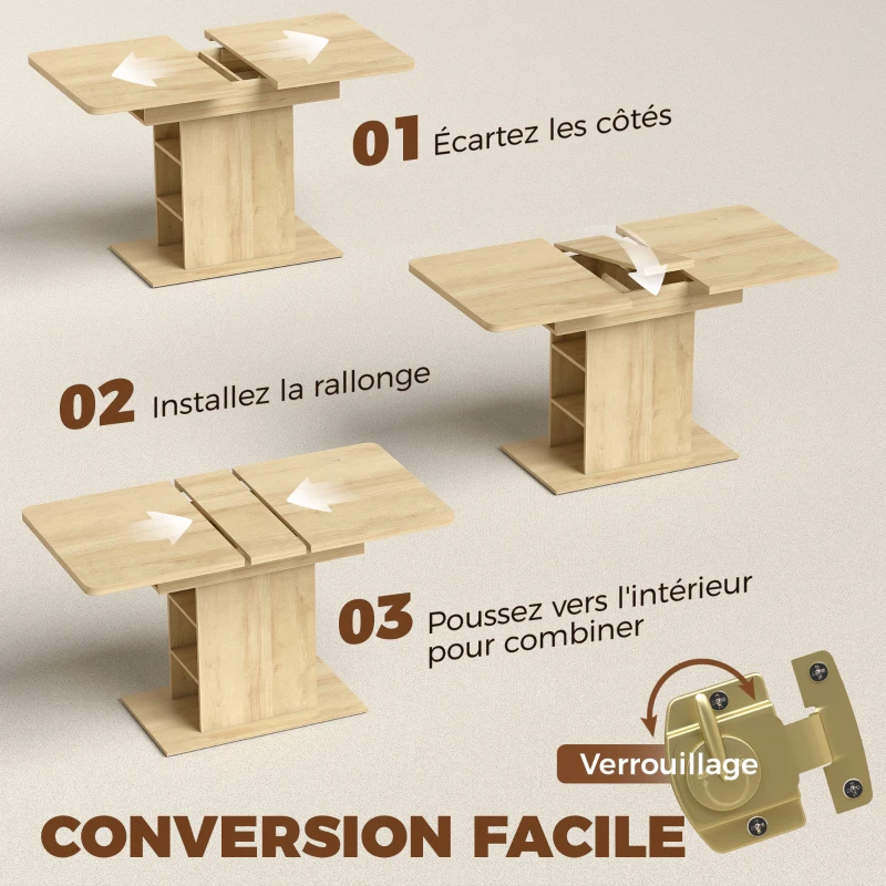 HOMCOM Table à manger extensible rectangle pour 4 à 6 personnes, table de cuisine 110-130 cm, 6 étagères ouvertes, bois naturel
