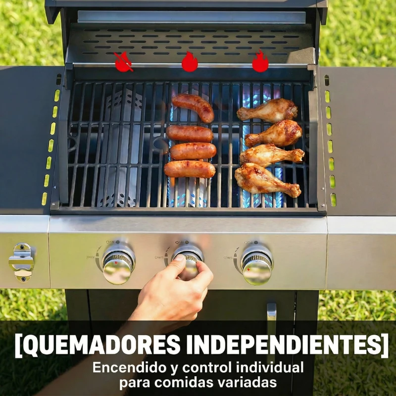 Outsunny Barbacoa de Gas con 3 Quemadores 8,1 kW Termómetro Parrillas Mesas Laterales Armario y Ruedas 109x50x109 cm Negro