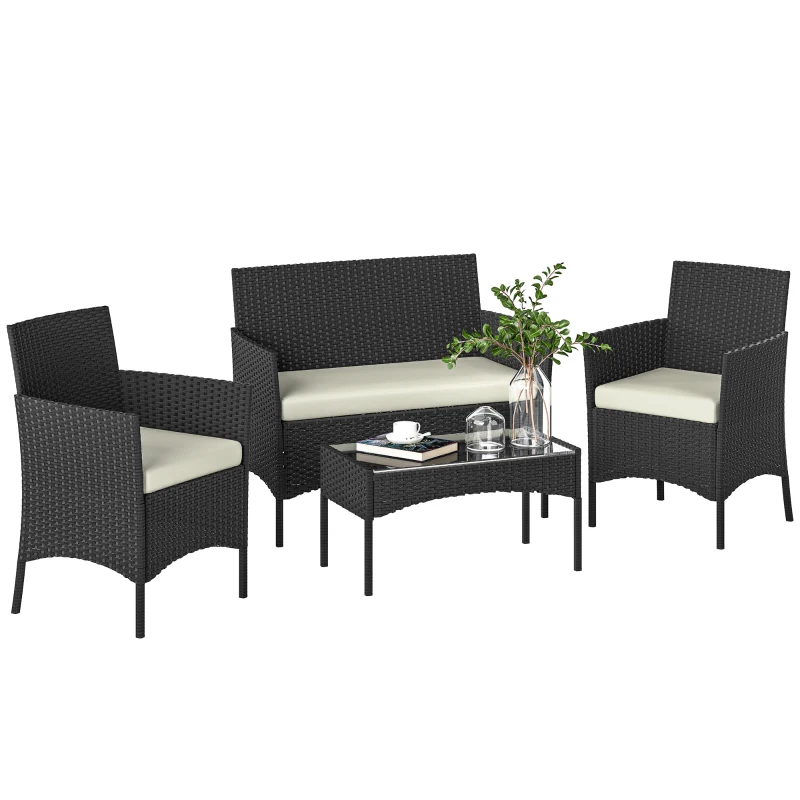 Outsunny Conjunto Muebles Jardín de Ratán Sintético con Sofá Sillones y Mesa de Vidrio Templado y Cojines Negro y Crema
