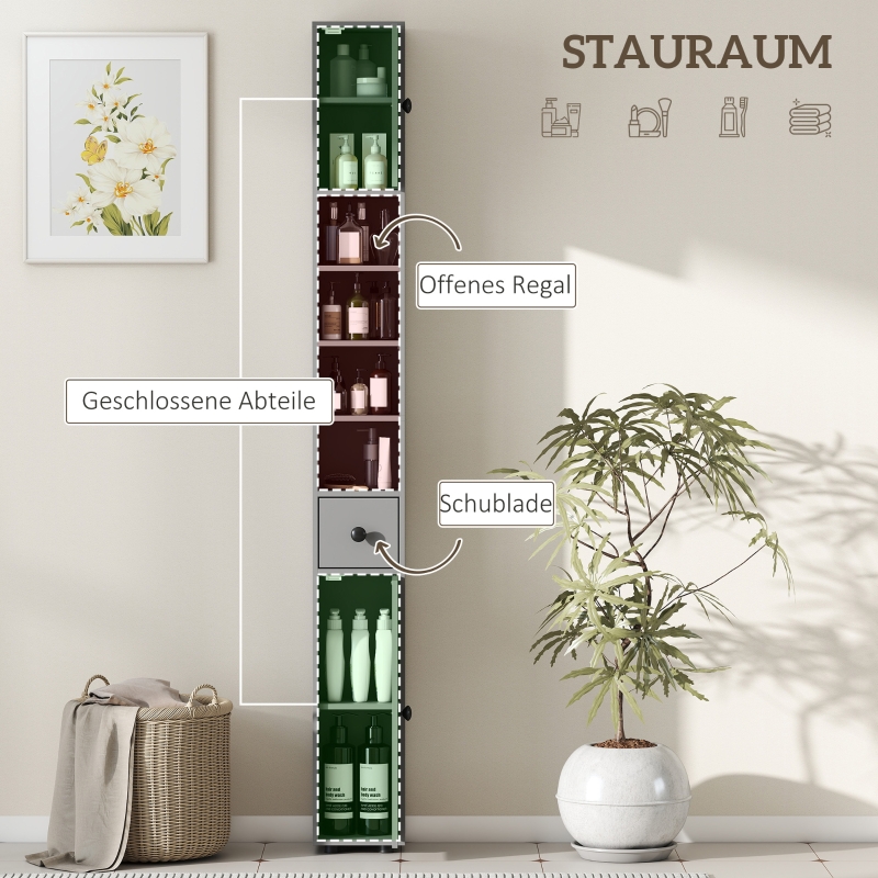 kleankin Badezimmerschrank, 4 Regale, Schublade, Spanplatte, schlankes Design, Grau