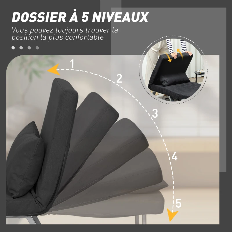 HOMCOM Fauteuil chauffeuse canapé-lit Convertible inclinable 1 Place Coussin lombaires accoudoirs piètement métal Lin Noir