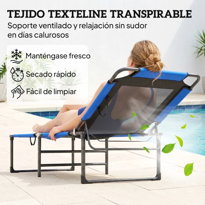 Outsunny Tumbona Plegable con Respaldo Ajustable en 4 Posiciones Asas y Respaldo de Textilene Carga 120 kg 175x58x68 cm Azul