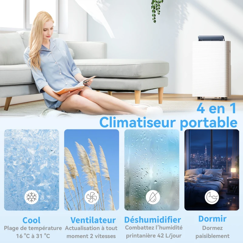 HOMCOM Climatiseur mobile 12000 BTU, climatiseur portable 4 en 1, refroidissement, déshumidificateur, ventilateur, mode nuit