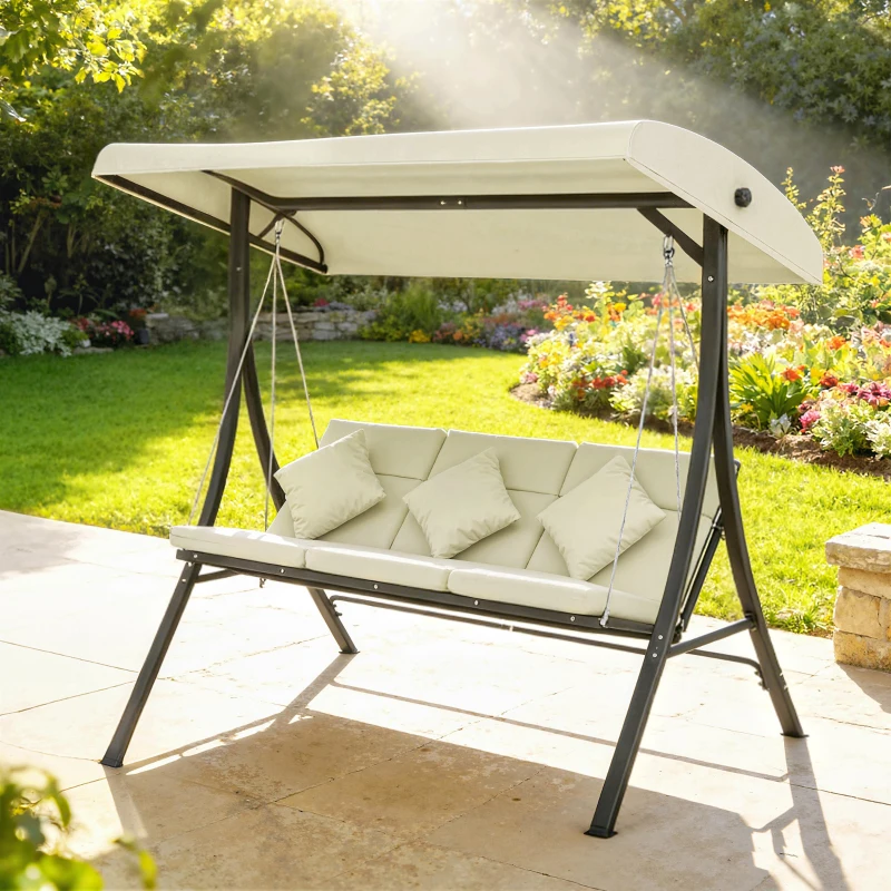 Outsunny Balancín de Jardín Exterior Columpio de 3 Plazas con Toldo Ajustable y Marco de Acero 202x115x168 cm Beige