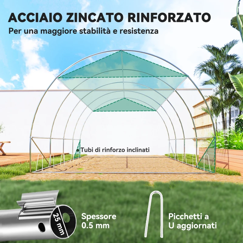 Outsunny Serra a Tunnel 4x3 m con Rete Ombreggiante Extra, Finestre e Ingresso a Zip, in PE e Acciaio, Verde