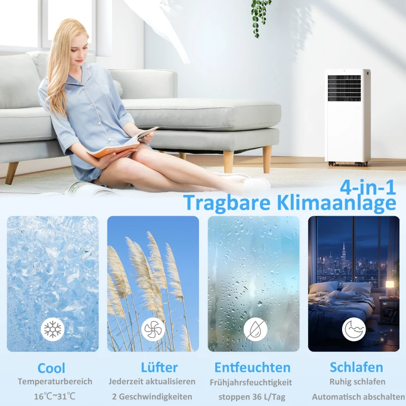 HOMCOM Tragbares Klimagerät 7000 BTU, 4-in-1 Klimaanlage mit Kühlung, Entfeuchter, Ventilator, Schlafmodus