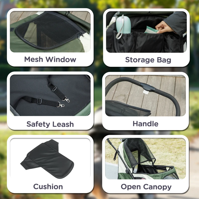 PawHut Hundewagen, Faltbarer Hundebuggy für große Hunde, Haustierwagen mit 4 Rädern, Sicherheitsleinen, Bremsen, Dunkelgrün(m-8)