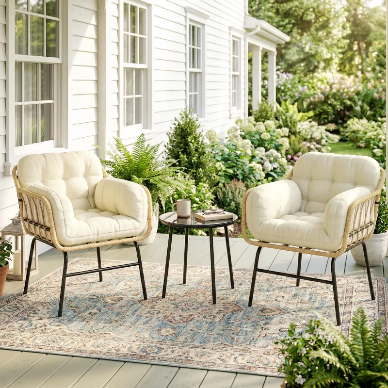 Outsunny Salon de Jardin Extérieur 3 Pièces en Résine Tressée, Table en Verre Trempé, 2 Fauteuils avec Coussins, 62x73x79cm, Kaki