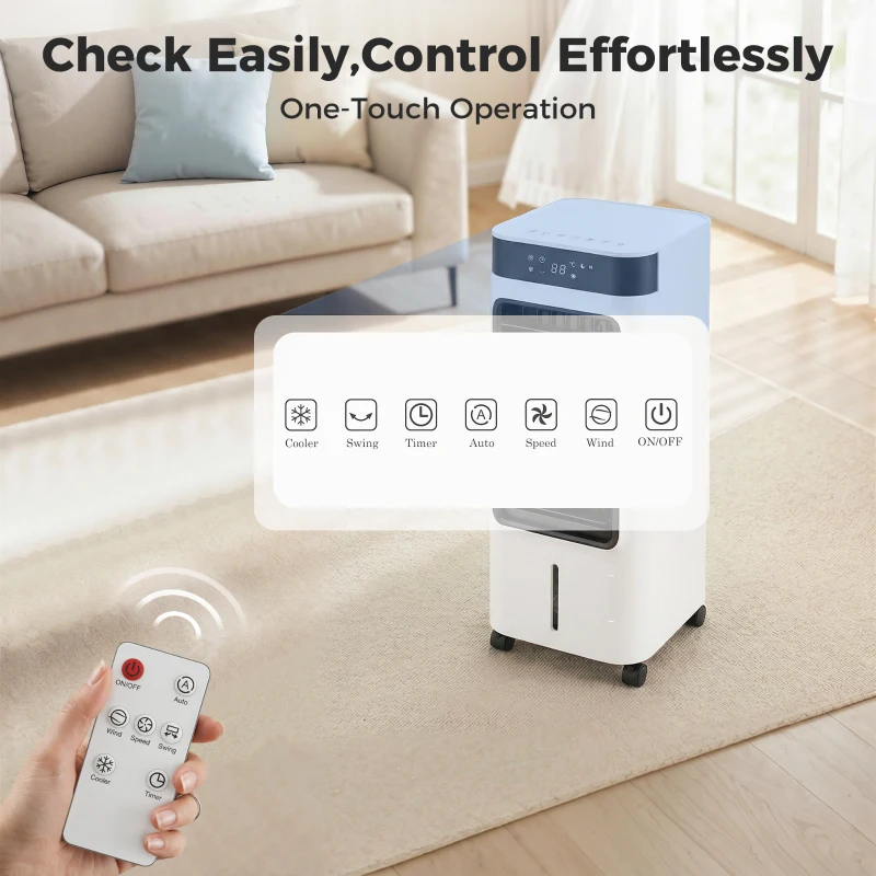 HOMCOM Climatizator Evaporativ 3 în 1 cu Rezervor de 7 L Oscilație 48° 3 Viteze 3 Moduri Temporizator 24h Alb