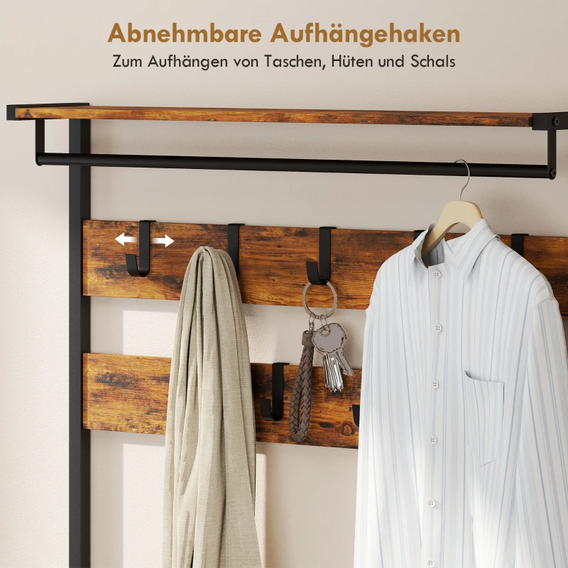 HOMCOM Garderobenständer mit Kleiderhaken, Schuhbank, Industrieller Eingangs-Organizer, Stahlrahmen, Rustikal Braun
