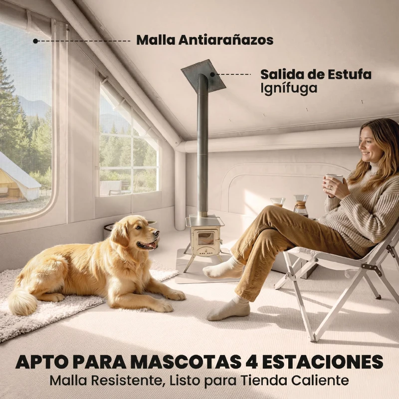 Outsunny Tienda de Campaña Inflable con Apertura de Chimenea y Claraboya Bomba Bolsa UPF30+ para 4 Estaciones Impermeable 5000+