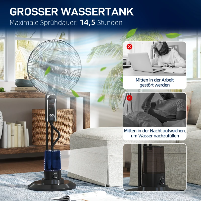HOMCOM Ventilator mit Wasserkühlung, Luftbefeuchter, 10° Neigbar 70° Oszillierend 3 Geschwindigkeitsstufen 75W, Schwarz