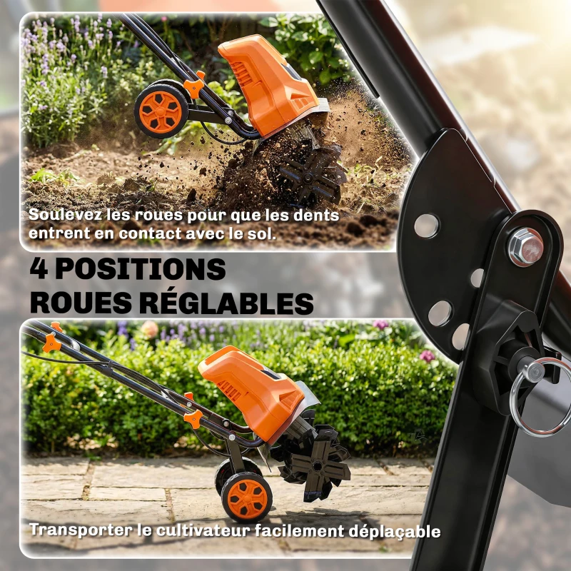 Outsunny Motobineuse Électrique Motoculteur 1500W 6 Lames 65Mn Largeur 40cm Profondeur 20cm Pliable et Étanche IPX4 Orange