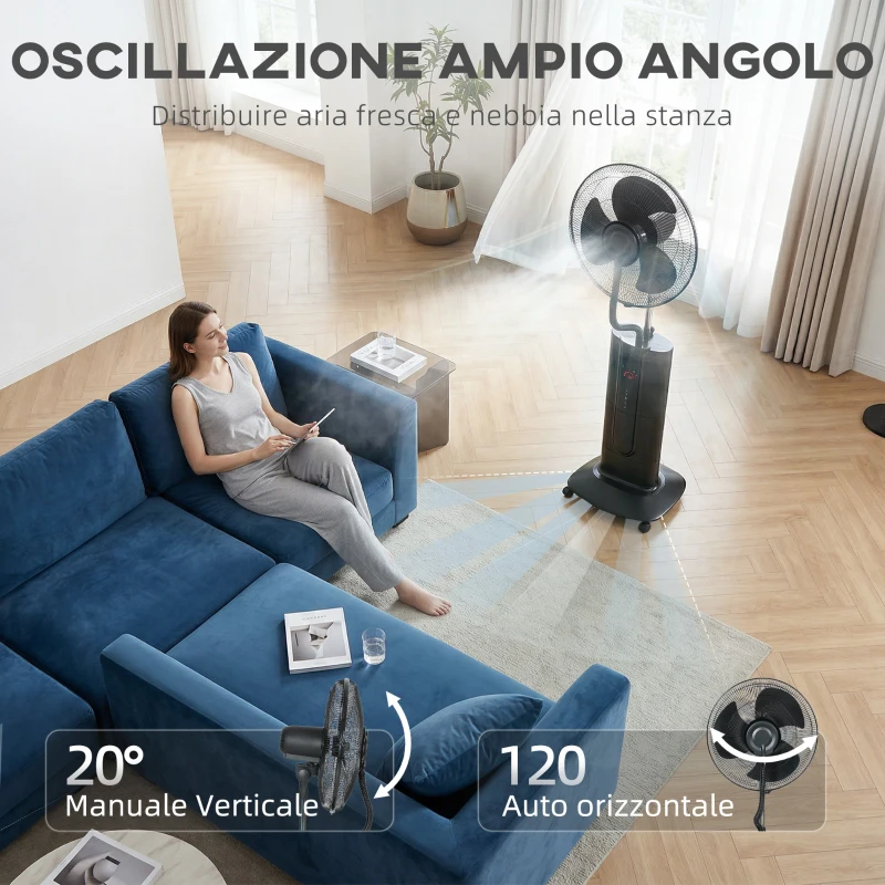 HOMCOM Ventilatore a Piantana 3 in 1 Oscillante con Nebulizzatore d'Acqua, Telecomando e Timer 9h, 45x38x130 cm, Nero