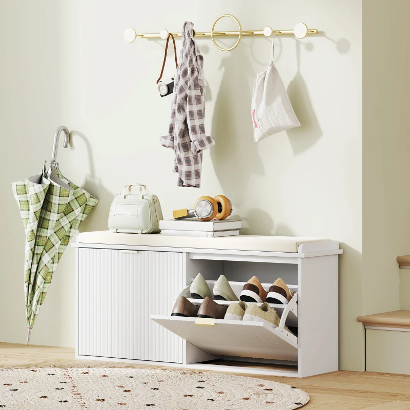 HOMCOM Banc à chaussures avec coussin d'assise rembourré et tiroir rabattable pour couloir, chambre, 104 x 26 x 47,5 cm, blanc