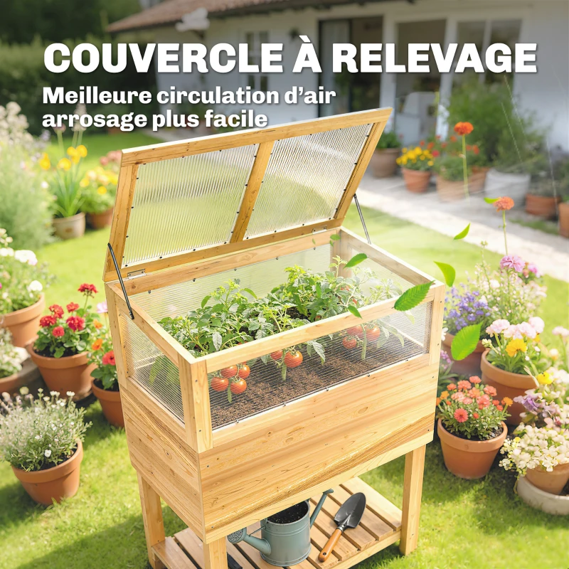 Outsunny Carré Potager sur Pieds avec Serre en Bois avec Couvercle Relevable, Étagère de Rangement, 80x45x108,5cm, Naturel