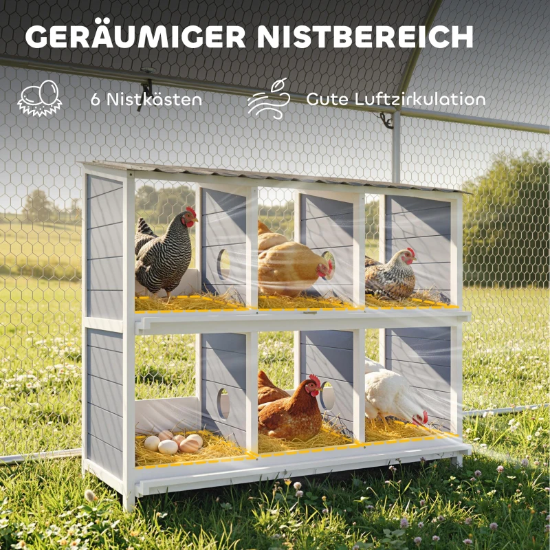 PawHut Legenest für Hühner, erhöhtes Hühnernest aus Holz mit 6 Fächer, 2 Sitzstangen für Kleintierstall 102 x 50 x 91 cm, Grau