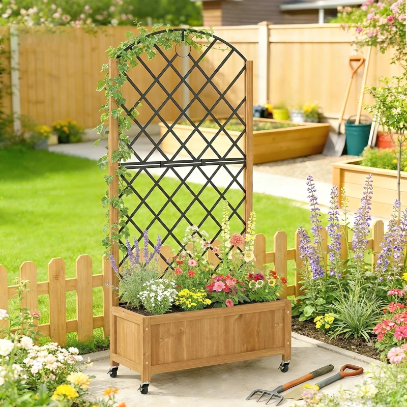 Outsunny Verhoogde plantenbak met metalen gaas, houten plantenbak op wielen, outdoor plantenbak, bruin