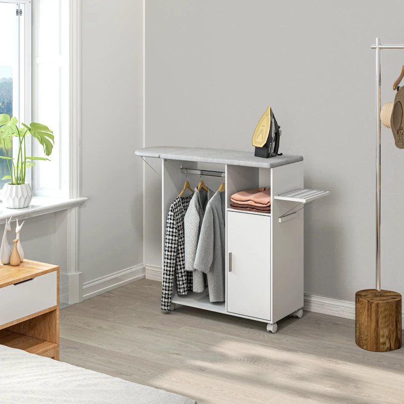 HOMCOM Armoire à repasser sur roulettes, table à repasser pliante, étagère réglable, barre de suspension, 127x42,5x99cm, blanc(m-10)