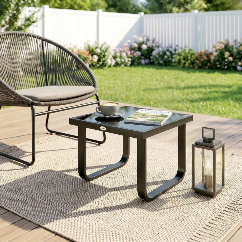 Outsunny Outdoor Garden Coffee Table, Rectangle Metal Side Table with Tempered Glass Tabletop, Adjustable Foot Pads