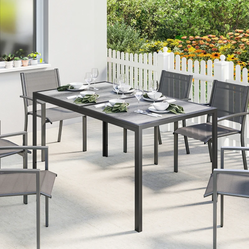 Outsunny Tavolo da Giardino 4-6 Persone con Piano Effetto Legno, in Acciaio e Plastica PSPC, 150x80x74 cm, Grigio e Nero