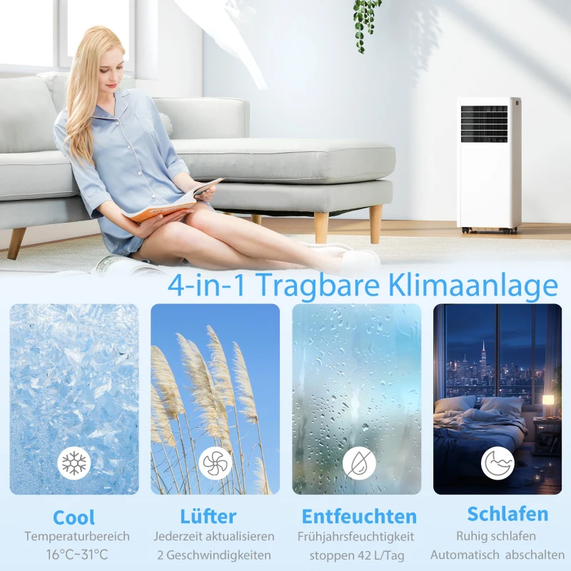 HOMCOM Tragbares Klimagerät 9000 BTU, 4-in-1 mit Kühlung, Entfeuchter, Ventilator, Schlafmodus