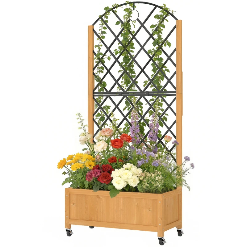 Outsunny Verhoogde plantenbak met metalen gaas, houten plantenbak op wielen, outdoor plantenbak, bruin