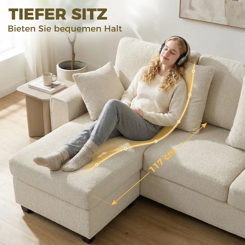 HOMCOM Ecksofa mit umkehrbarer Chaiselongue, 3-Sitzer Sofa mit Samtoptik, breite und tiefe Sitzfläche, Federkissen, Beige