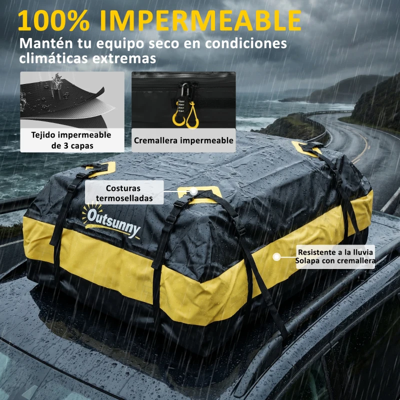Outsunny Bolsa de Techo para Coche 425L Impermeable con 8 Correas Alfombrilla Antideslizante Ganchos para Vehículos Amarillo