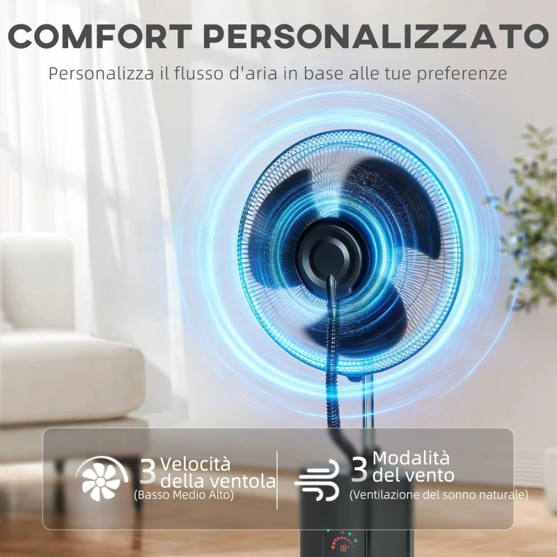 HOMCOM Ventilatore a Piantana 3 in 1 Oscillante con Nebulizzatore d'Acqua, Telecomando e Timer 9h, 45x38x130 cm, Nero