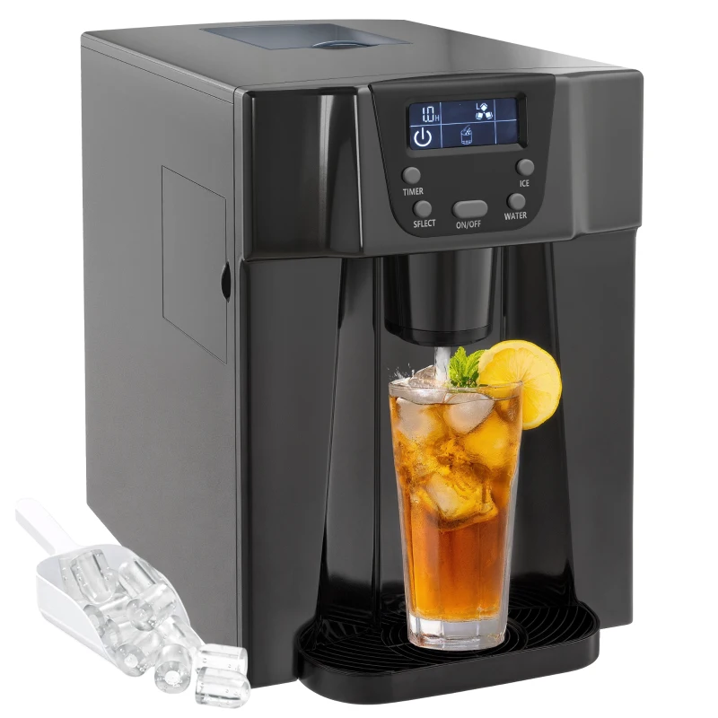 HOMCOM Machine à glaçons avec distributeur d'eau, ice maker, 12kg en 24h, 9 glaçons en 6-10 minutes, 25,2x38,9x36,3cm, noir