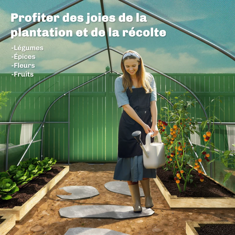 Outsunny Serre de jardin tunnel grande taille avec bâche PE cadre en acier porte enroulable et 12 fenêtres 8 x 3 x 2 m vert