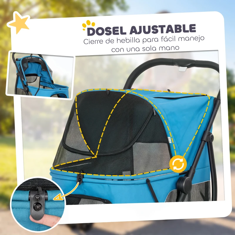 PawHut Carrito para Perros Plegable con 3 Ruedas Ventanas de Malla Cojín Lavable Todo Terreno Carga 20 kg 92x63x95 cm Azul