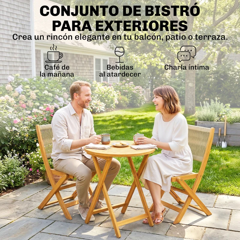 Outsunny Conjunto de Jardín de 3 Piezas de Madera con 2 Sillas Plegables y Mesa Redonda para Patio Balcón Natural