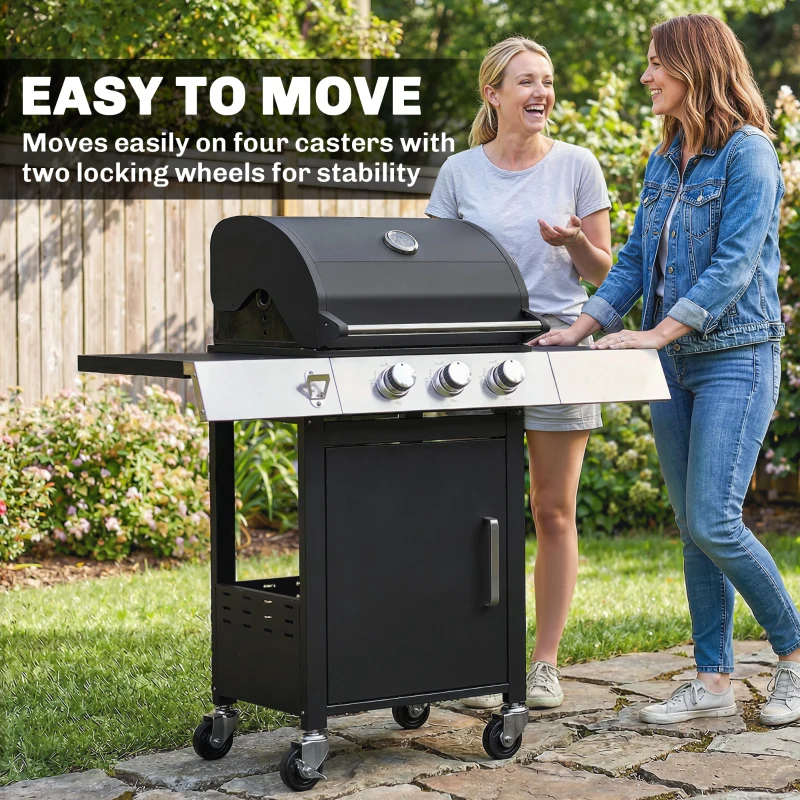 Outsunny Barbacoa de Gas con 3 Quemadores 8,1 kW Termómetro Parrillas Mesas Laterales Armario y Ruedas 109x50x109 cm Negro