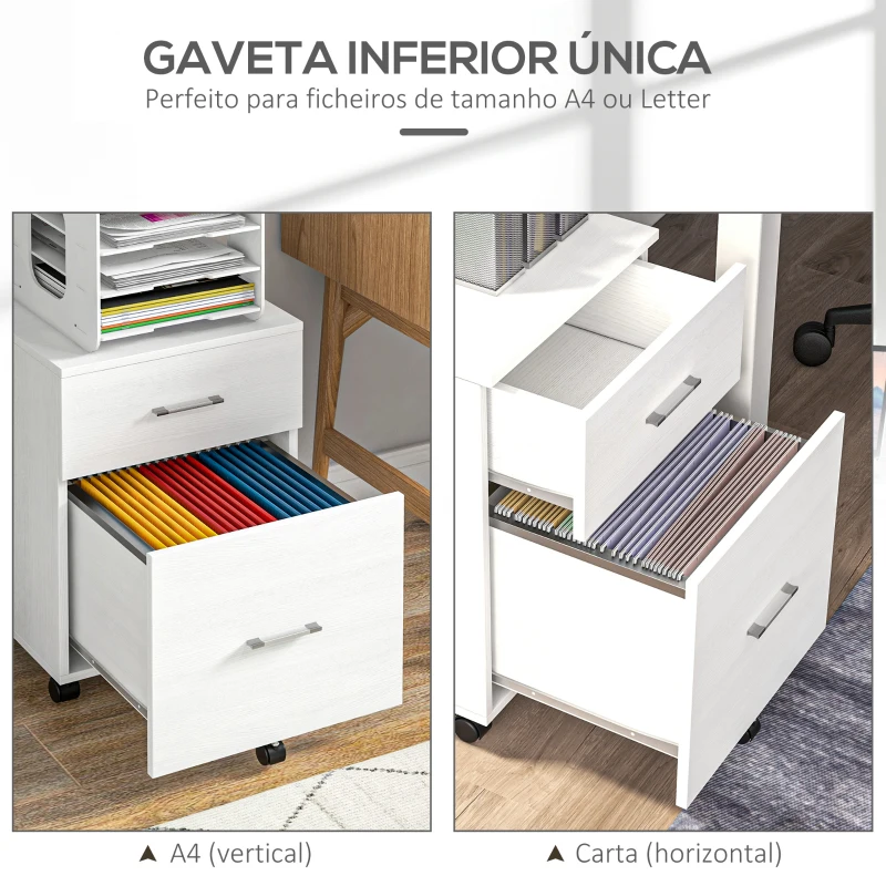 HOMCOM Arquivador para Escritório com 2 Compartimentos com Rodas Arquivador Móvel para Arquivos A4 ou Documentos 39,5x39x58,5 cm Branco