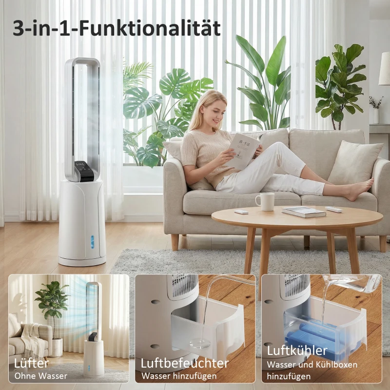HOMCOM Verdunstungsluftkühler mit Fernbedienung, 15-Stunden-Timer, Kühlakku für Zuhause und Büro, Weiß