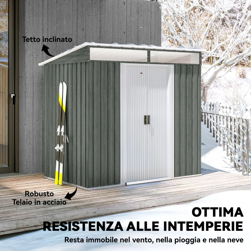 Outsunny Casetta da Giardino con Porte Scorrevoli e Pavimentazione in Acciaio, 195x122x181.5 cm, Grigio Chiaro