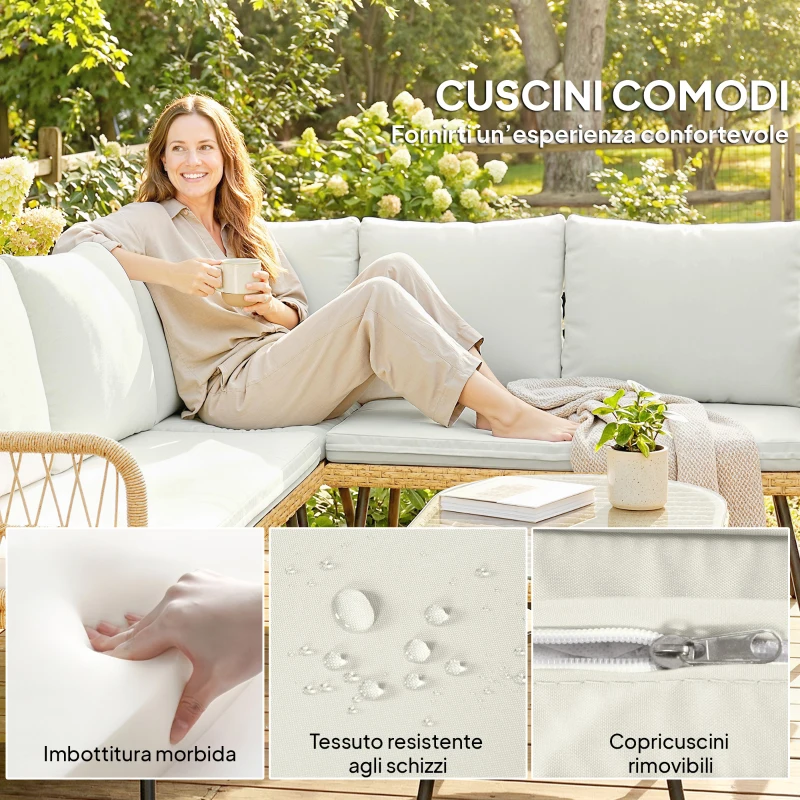 Outsunny Salotto da Giardino 4pz con 2 Divani 2 Posti, Angolo e Tavolino da Caffè, in Acciaio e Rattan, Legno e Crema