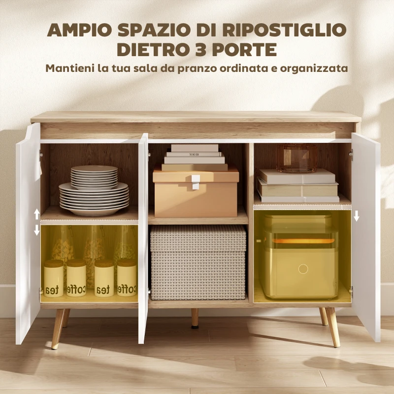 HOMCOM Credenza Moderna a 3 Ante con 3 Ripiani Regolabili e 5 Gambe in Legno, 107x35x76.5 cm, Bianco e Rovere