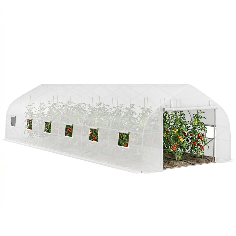 Outsunny Serre de jardin tunnel grande taille avec bâche PE cadre en acier porte enroulable et 12 fenêtres 8 x 3 x 2 m blanc