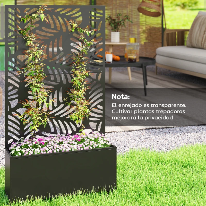 Outsunny Jardinera Exterior Grande con Ruedas Pantalla de Privacidad de Hojas de Monstera Marco Metal 90x30x160 cm Negro