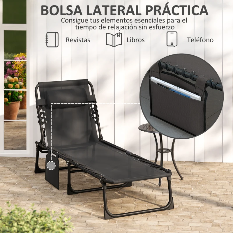 Outsunny Tumbona Plegable con Respaldo Ajustable Reposacabezas Acolchado y Estructura de Acero para Exterior 189x58x30 cm Negro
